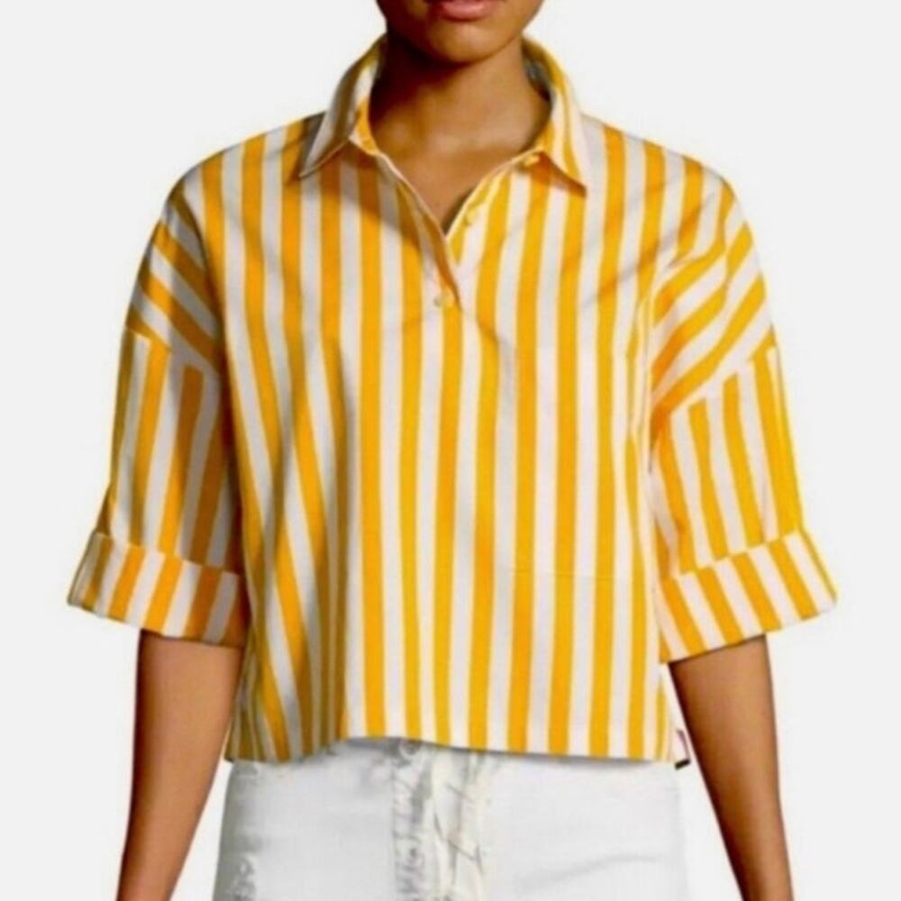 KULE Womens L Yellow White Stripe Cropped Polo Shirt Cotton Coastal Preppy